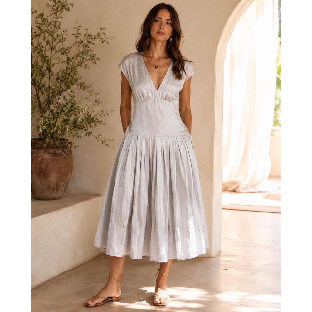 Modern‎ Citizen Drop Waist Pleated Midi Dress Linen Satin Quiet Luxury L NWT